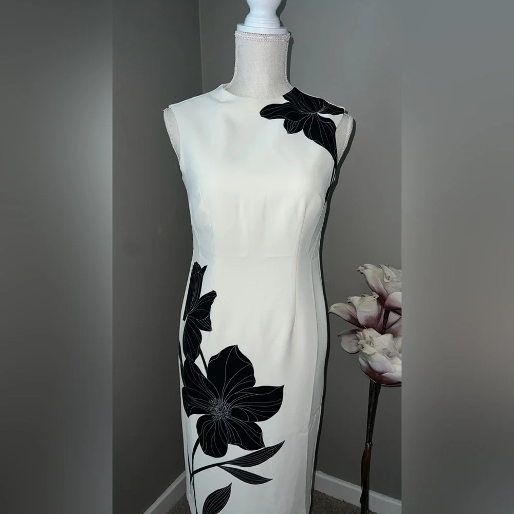 NWT ✨Ann Taylor White Midi Dress with Black Floral Motif Size 00 Petite - Picture 6 of 7